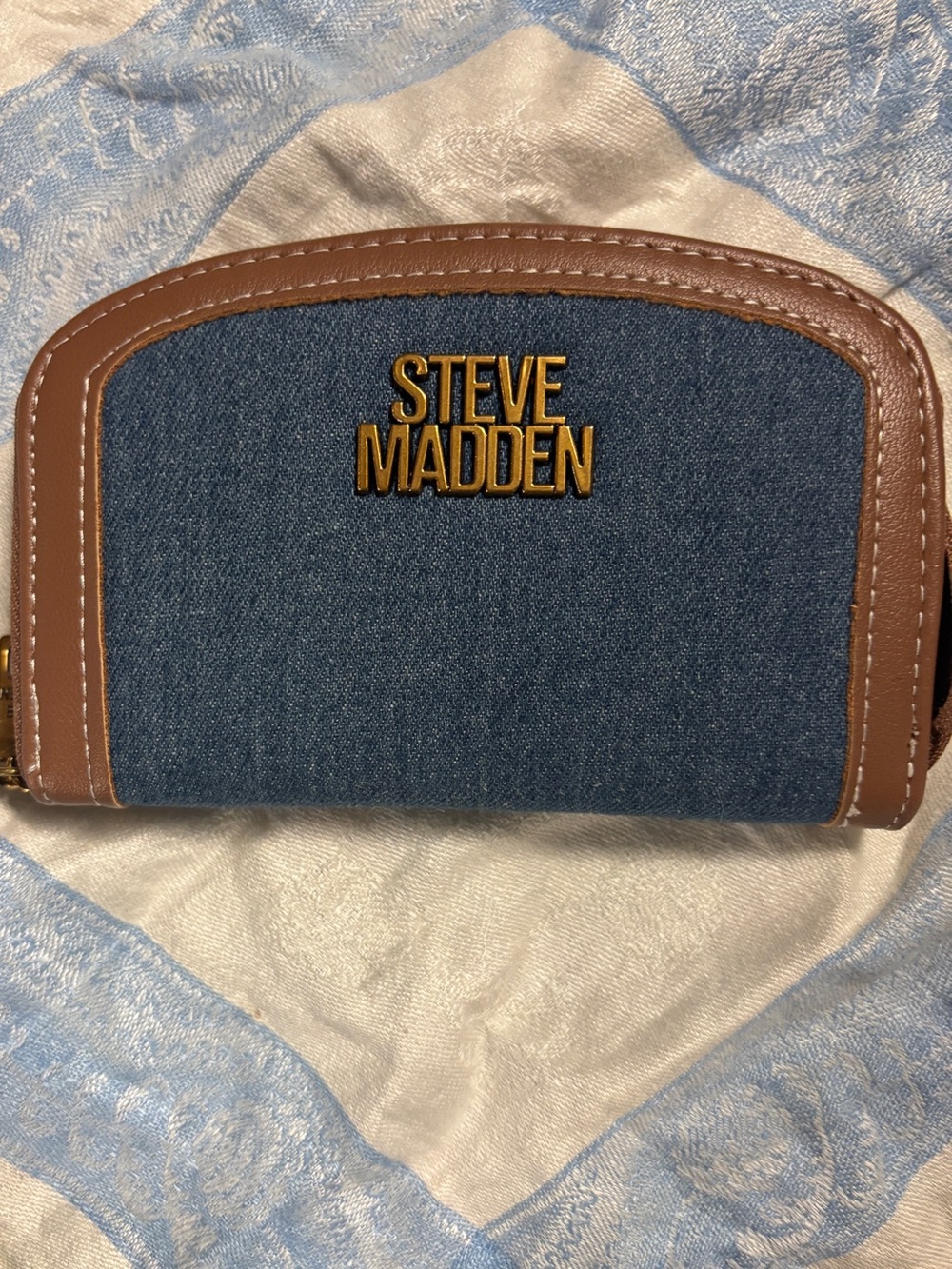 Steve Madden Blue Denim Wallet with Brown Trim and Gold Logo